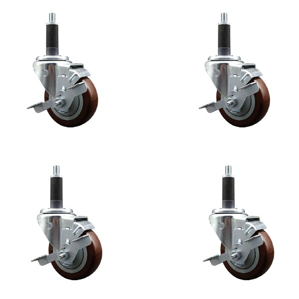 Service Caster 3.5'' SS Maroon Poly Swivel 1'' Expanding Stem Caster Set with Brake, 4PK SCC-SSEX20S3514-PPUB-MRN-TLB-1-4 - main